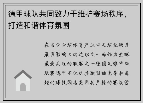德甲球队共同致力于维护赛场秩序，打造和谐体育氛围