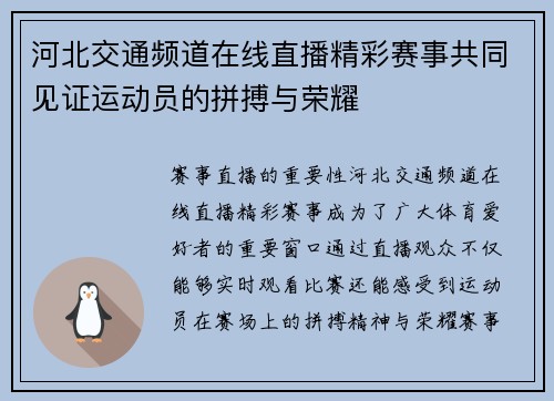 河北交通频道在线直播精彩赛事共同见证运动员的拼搏与荣耀